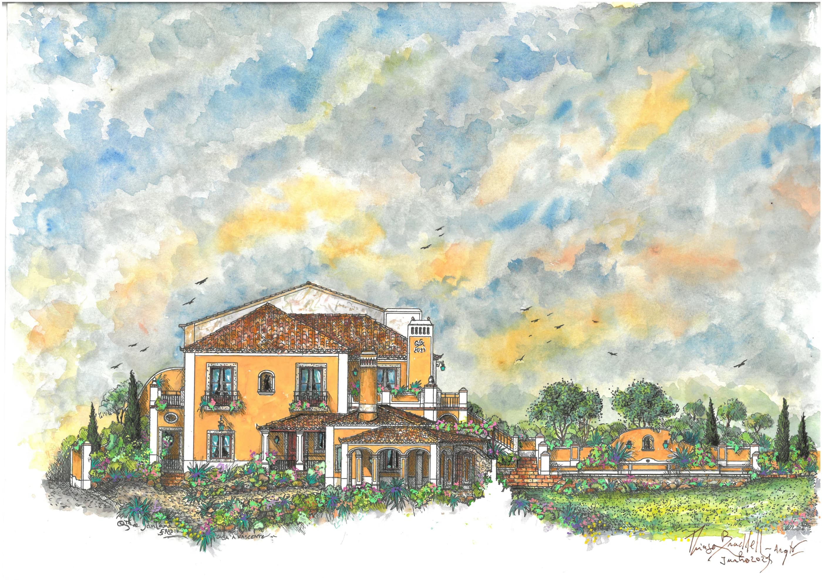 Watercolour illustration of Orange Garden House with its ochre facade, tiled roofs and gardens