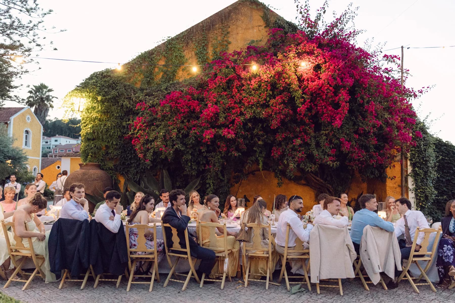 A courtyard wedding dinner beneath flowering bougainvillea