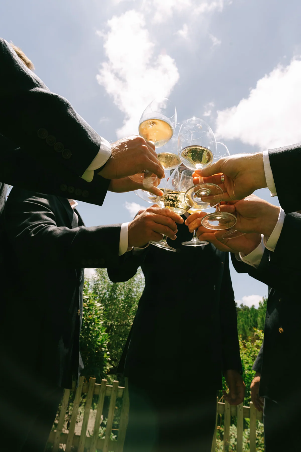 The groom's party raising their glasses outdoors