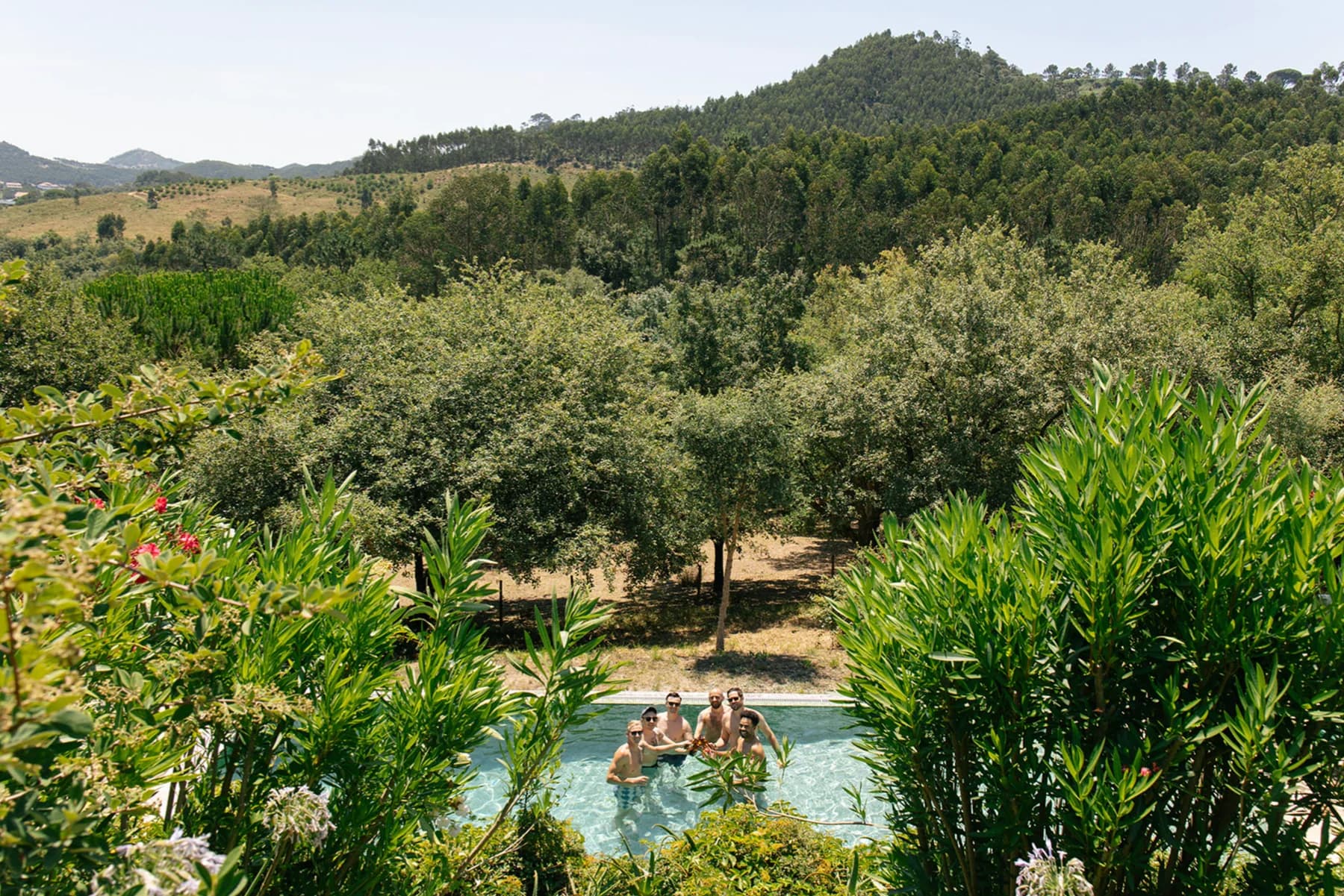 A garden swimming pool overlooking the surrounding hills