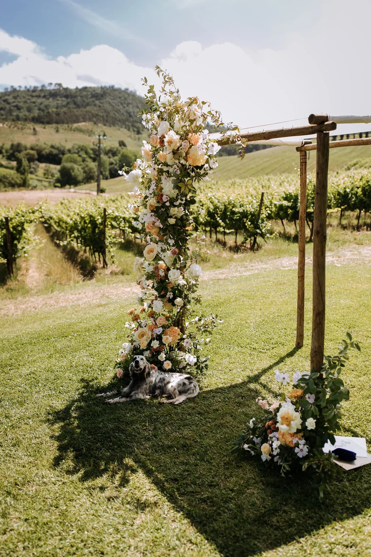 A floral ceremony arch overlooking the vineyard hills