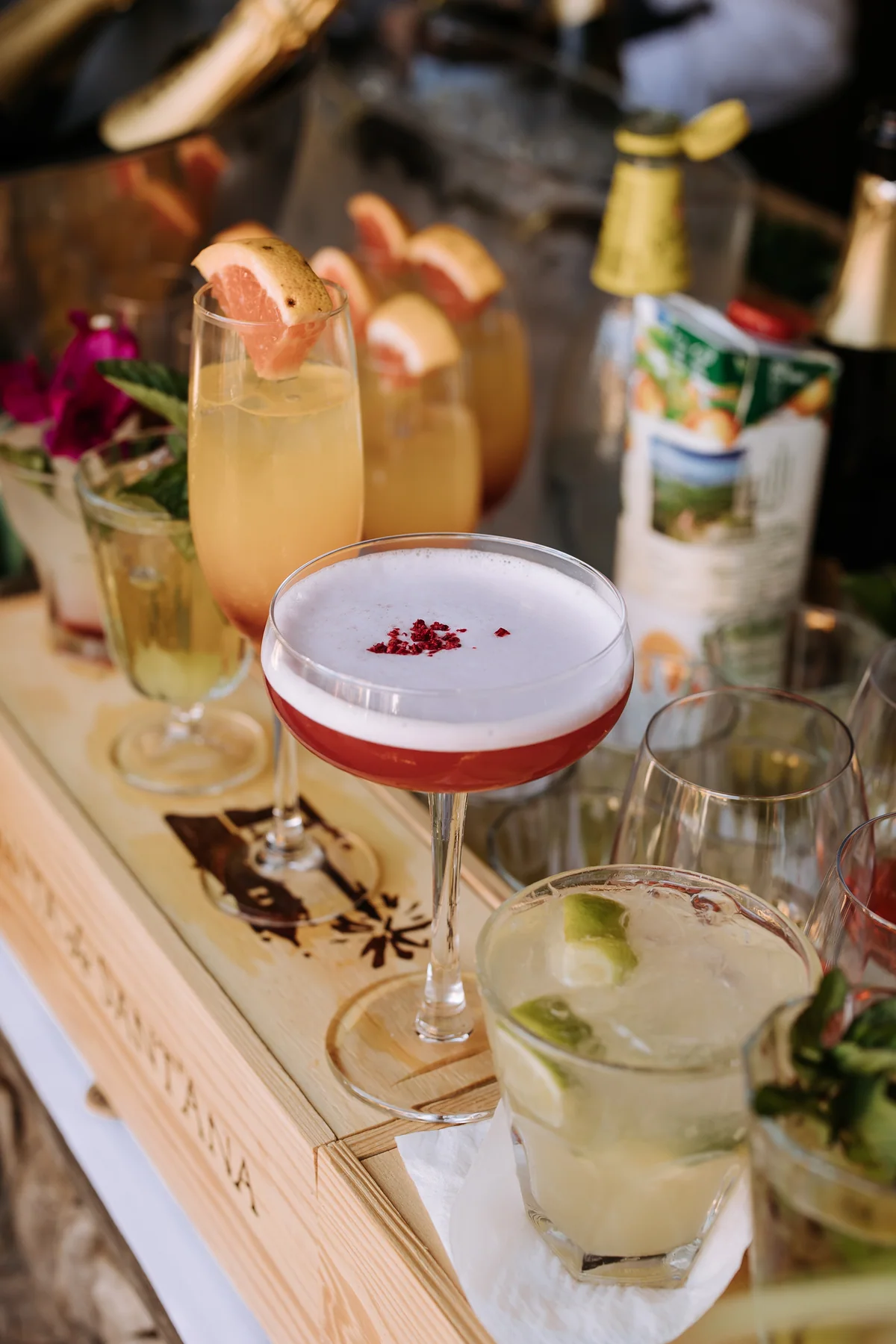 A selection of cocktails garnished with fruit