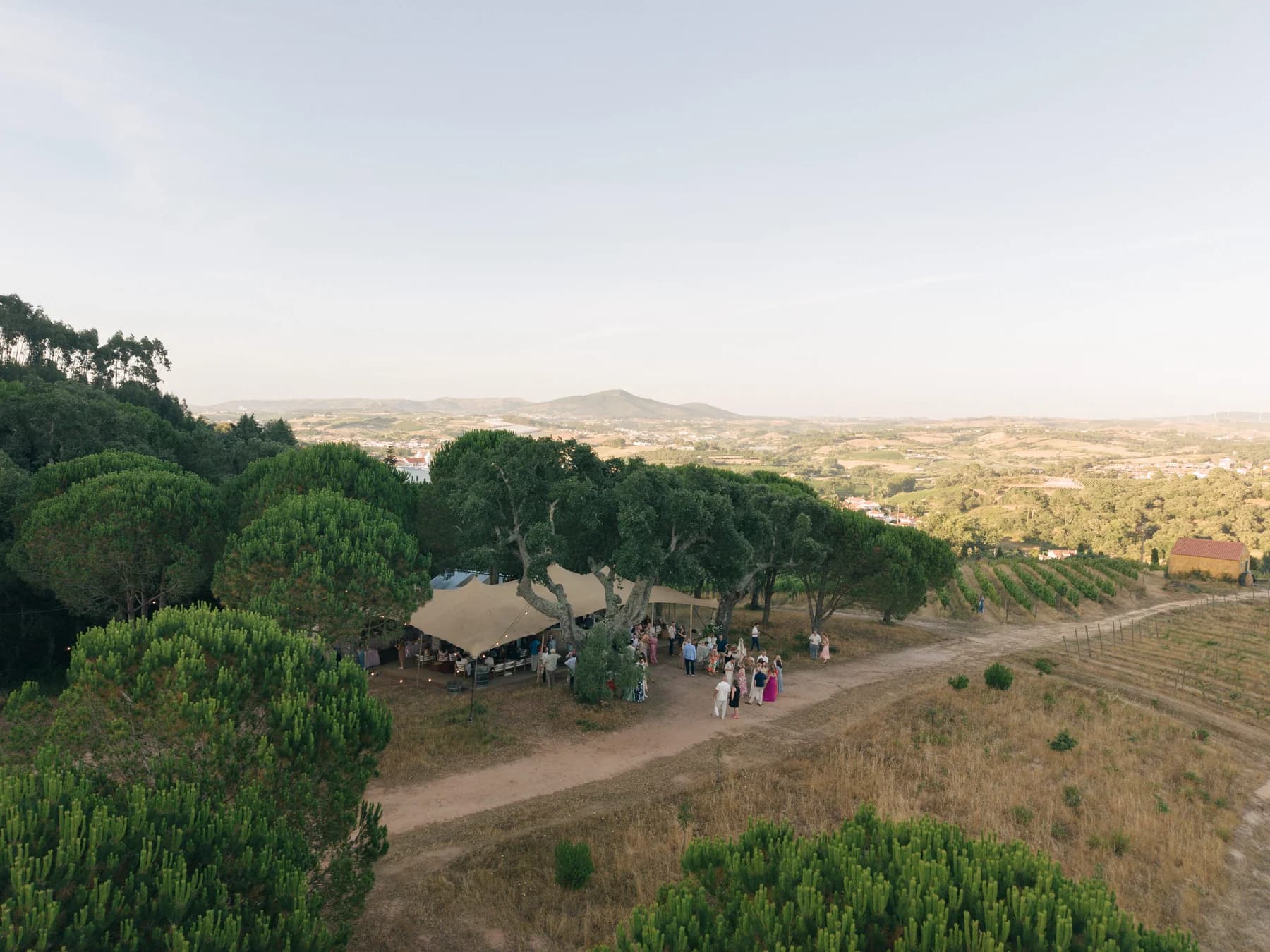 An aerial view of the welcome tent and surrounding countryside