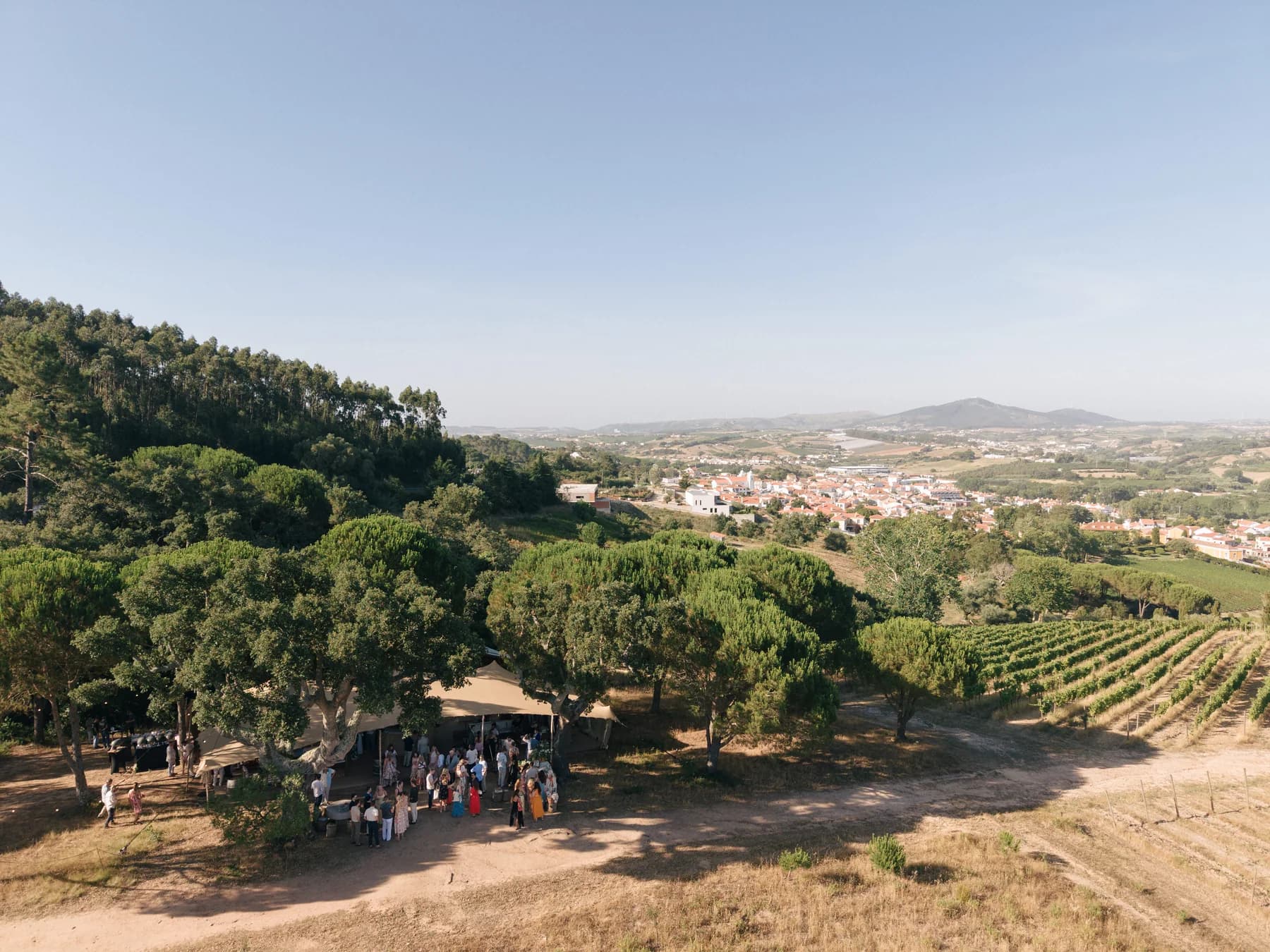 The welcome tent overlooking vineyards and the village