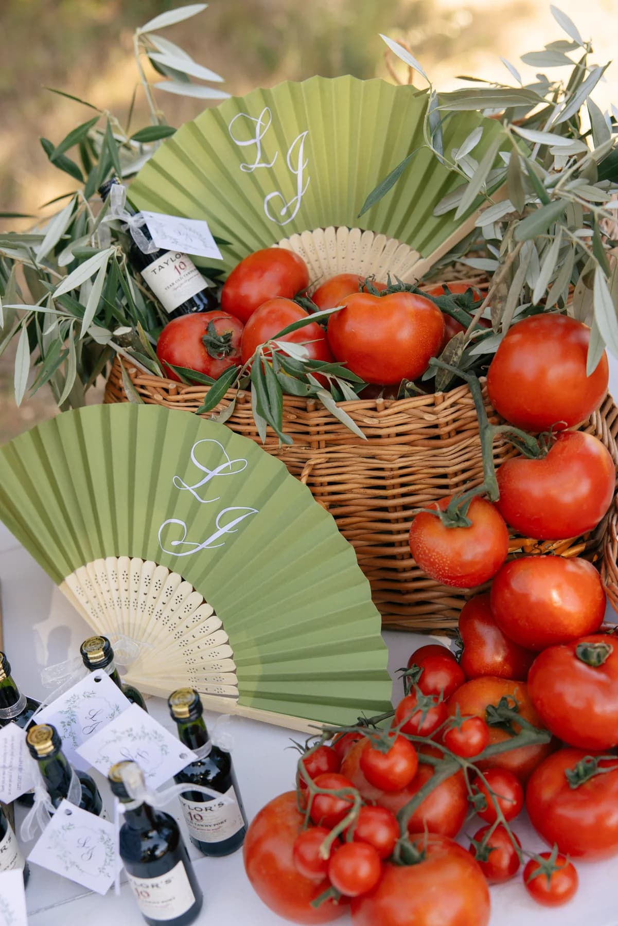 Green fans, tomatoes and drinks at the welcome party
