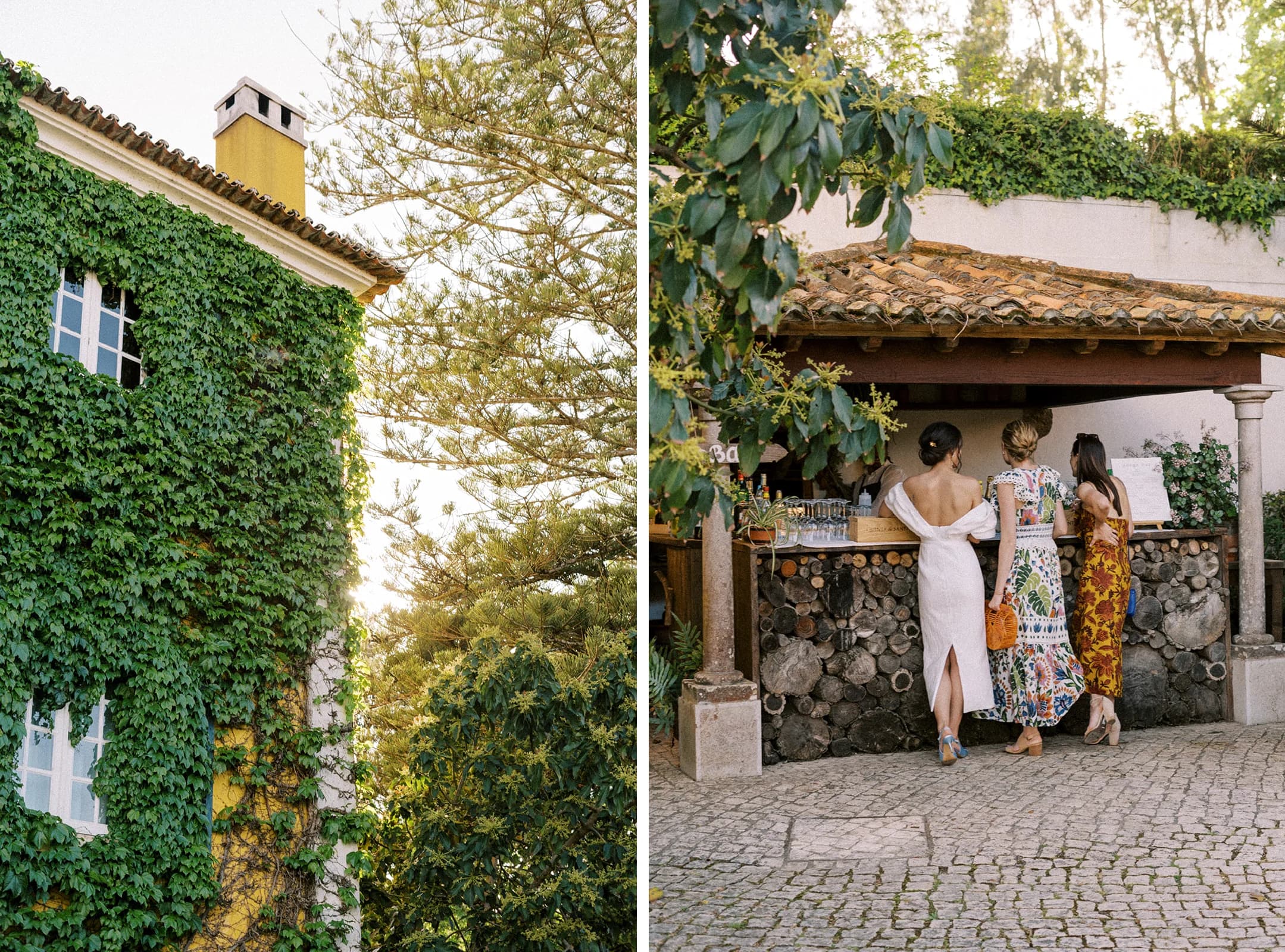 The ivy-covered manor house and wedding guests talking at the courtyard bar