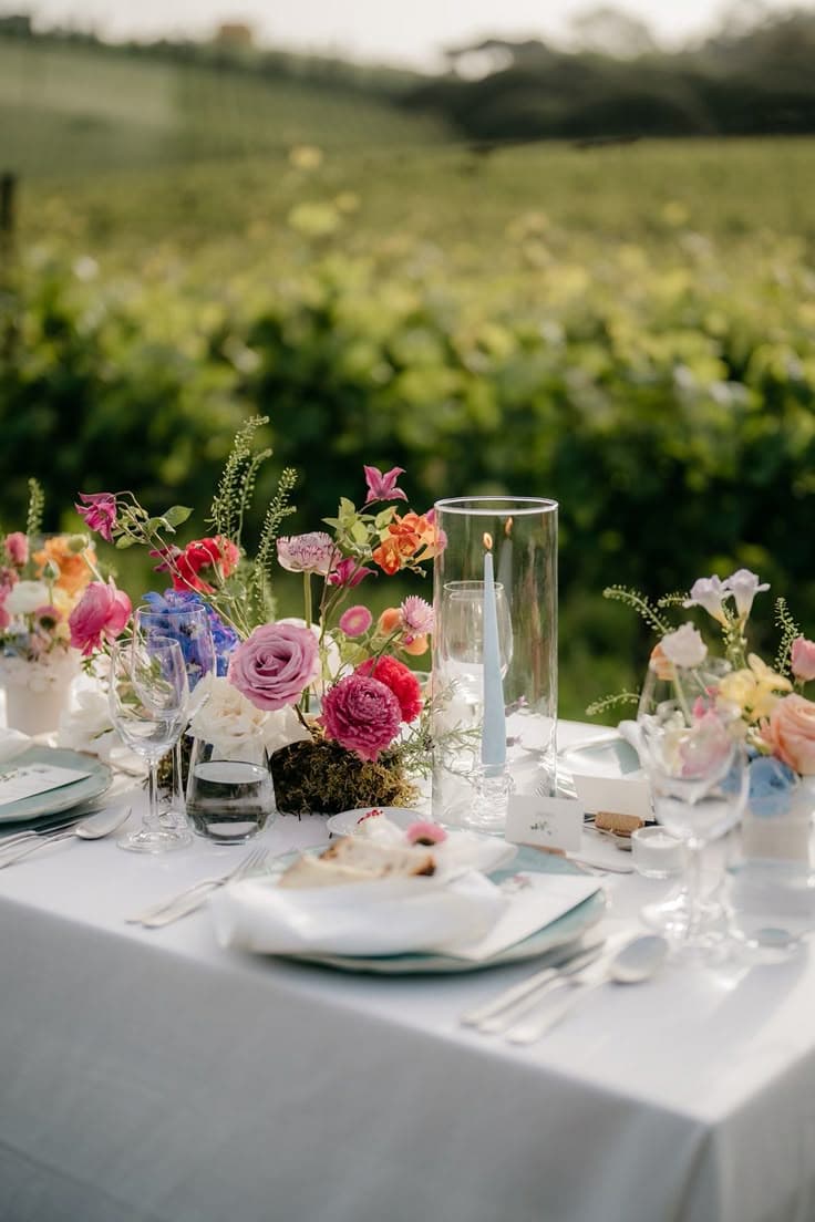 Floral table setting outdoors