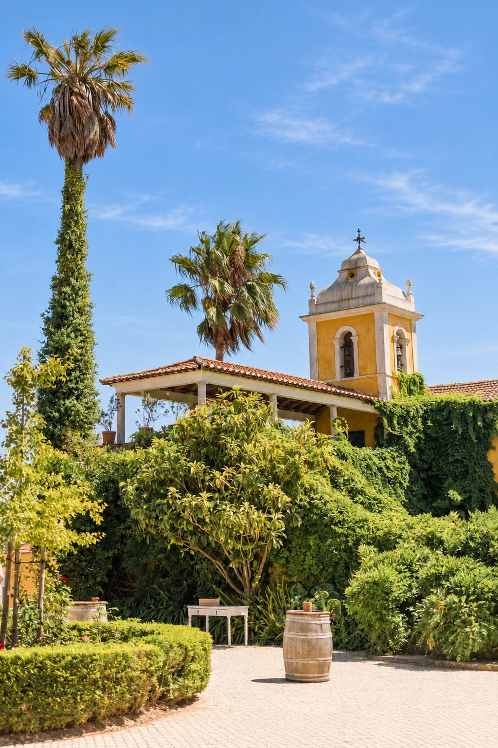 Sant’Ana Chapel bell tower and palms above the courtyard garden