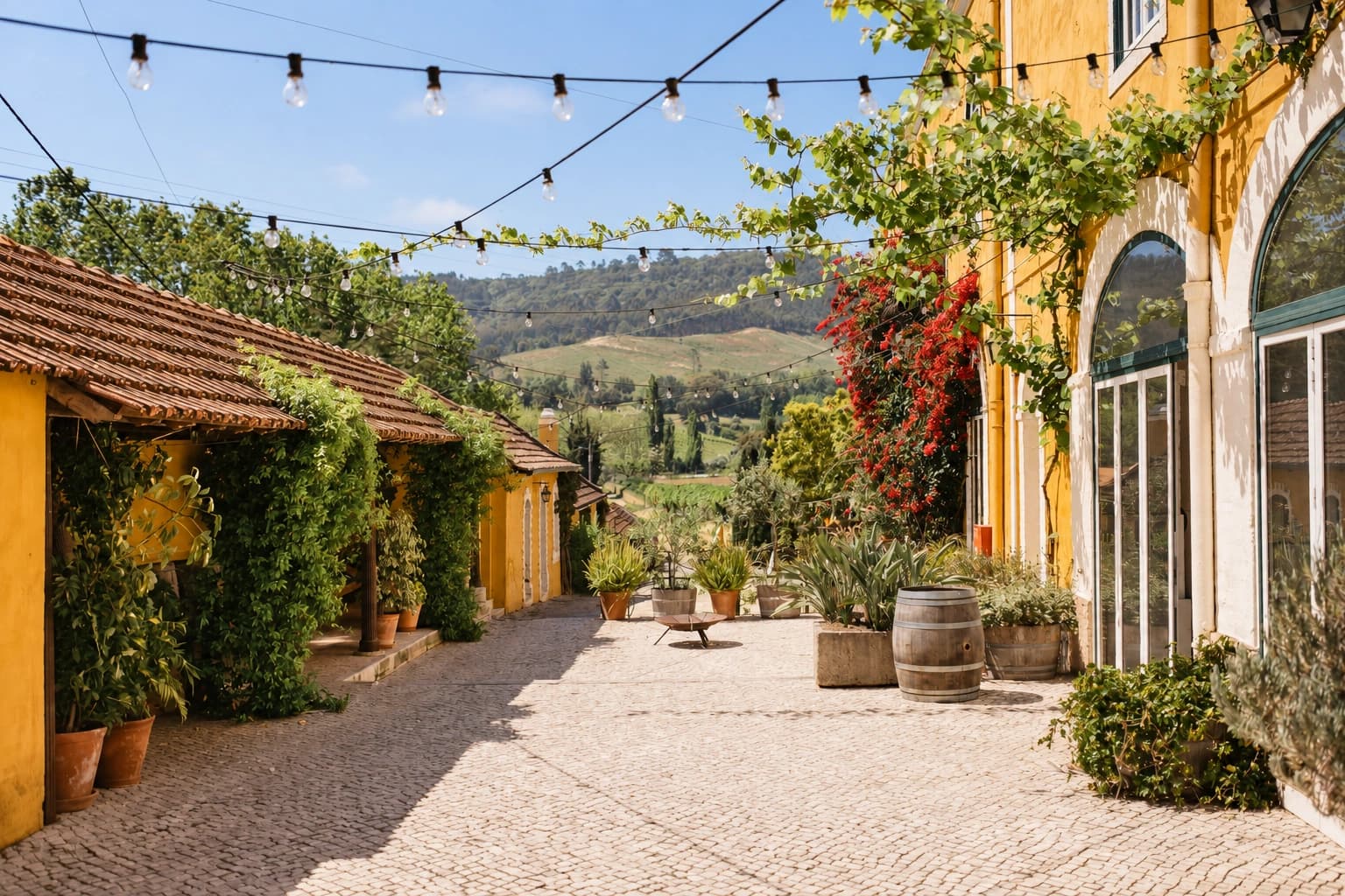 The Patios' cobblestone terrace with string lights and vineyard views