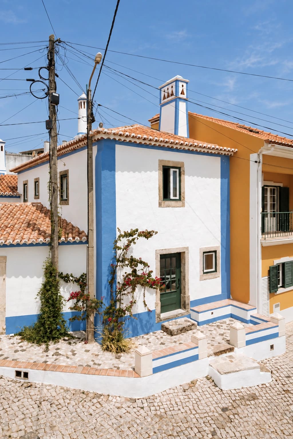 Taberna House's white and blue facade on the cobbled village street