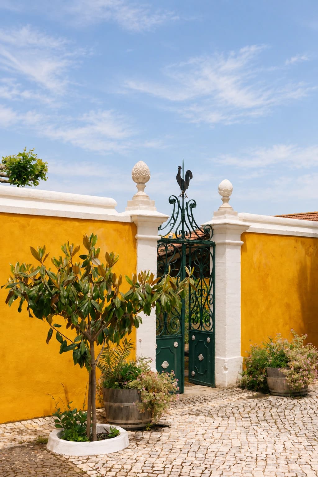 The Lemon Garden's green iron gate framed by yellow walls
