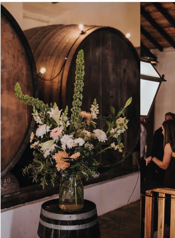 Flowers arranged on a wine barrel